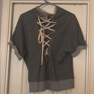 Grey lace up short sleeve sweat shirt